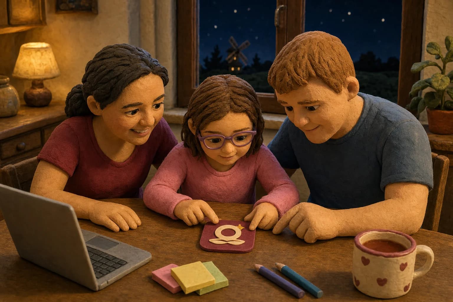 Martin, Andrea ed Emma lavorano al logo Onceling seduti a un accogliente tavolo da studio (stile Claymation), con un gatto che guarda dalla finestra.
