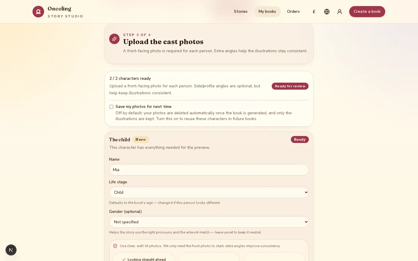 The photo upload step of the create-a-book wizard, where you add pictures of each person in the story.